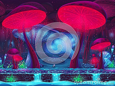 Magic Mushroom Hollow - mystical background (seamless) Vector Illustration