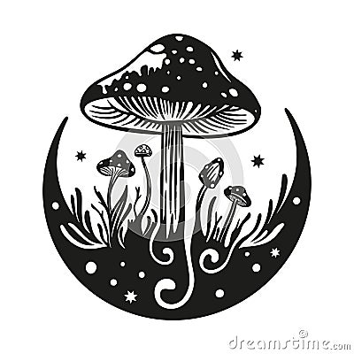 Magic mushroom moon vector silhouette, black line contour drawing. Celestial print Vector Illustration