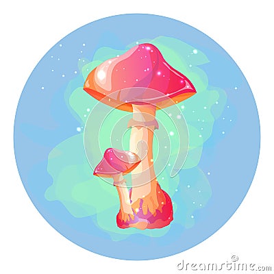 Magic mushrooms on a blue background in a circle. Boletus, fireflies and fog. Nice sticker. Vector Illustration