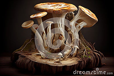 magic mushrooms growing from decaying tree stump Stock Photo