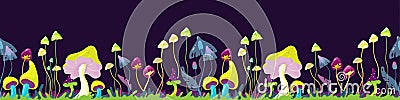 Magic mushrooms - mystery landscape of secret forest, seamless border Vector Illustration