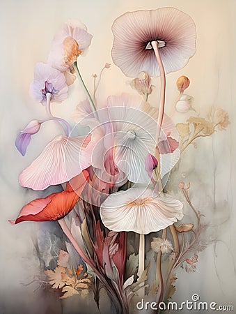 Magic mushrooms. Watercolor illustration. Colorful art Cartoon Illustration