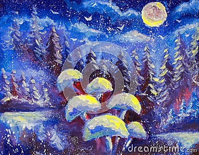 Abstract magic mushrooms on a winter blue background. Forest of spruce trees. Snowing. The big moon is shining original oil painti Cartoon Illustration