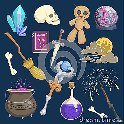 Magic mystic vector witchcraft wizard wodo trick symbol magician wand and surprise entertainment fantasy carnival Vector Illustration