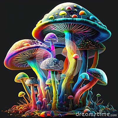 Magic Neon Glowing Magic Mushrooms Stock Photo