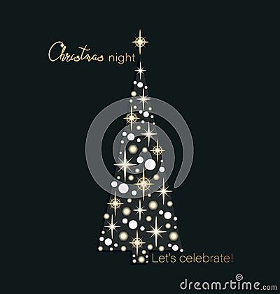 Magic night. Christmas spruce. Sparkling lights. MERRY CHRISTMAS! Happy New Year! Vector Illustration