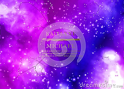 Magic night dark blue sky with sparkling stars vector wedding invitation. Andromeda galaxy. Gold glitter powder splash background Vector Illustration