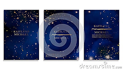 Magic night dark blue sky with sparkling stars vector wedding invitation. Andromeda galaxy. Gold glitter powder splash background Vector Illustration