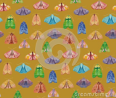 Magic night moth seamless pattern. Bright mystical cute butterfly background Stock Photo