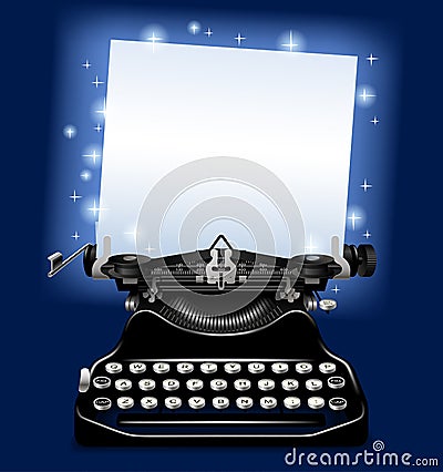 Magic old typewriter with a paper in blue scintillant light Vector Illustration