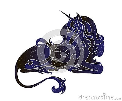 Magic outline unicorn lying down. Vector line animal illustration, night sky color silhouette isolated on white background Vector Illustration