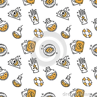 Magic pattern. Magician logo for witch or wizard. Fantasy carnival or birthday symbols. Enchantments hand. Oracle Vector Illustration
