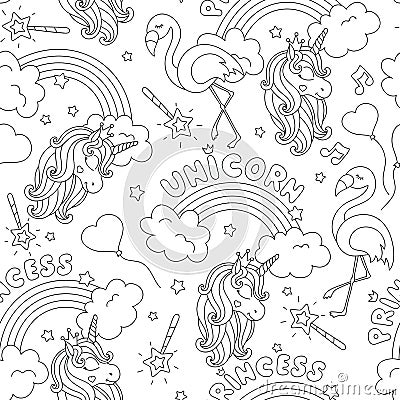 Magic pattern with unicorn and flamingo. Black and white abstract outline seamless pattern. Fashion illustration drawing in modern Cartoon Illustration