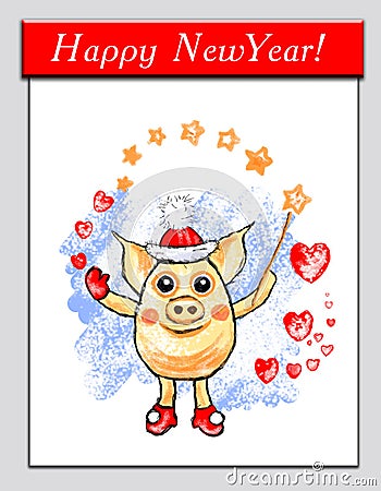 Magic pig santa, funny pig with magic wand and hearts, separate on transparent background, holidays illustration, winter, cartoon Cartoon Illustration