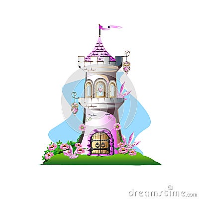 Pink princess castle with magic crystals Vector Illustration