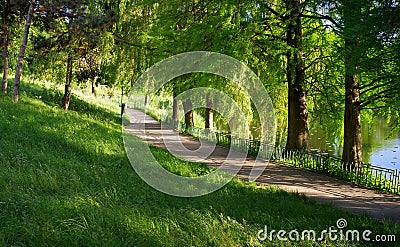 Summer landscape. Alley in the park. Magic place. Relaxation corner Stock Photo