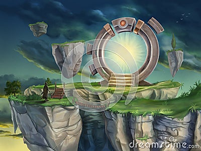 Magic portal in a surreal landscape Cartoon Illustration