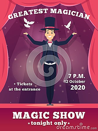 Magic poster invitation. Circus magician show placards vector template red curtains shows of wizard tricks vector Vector Illustration