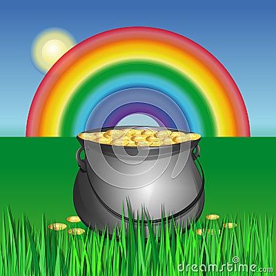 Magic pot with leprechaun gold coins for St. Patricks Day Vector Illustration