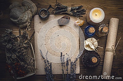 Magic potion and blank recipe scroll. Phytotherapy. Alternative herbal medicine. Shaman. Druidism. Stock Photo