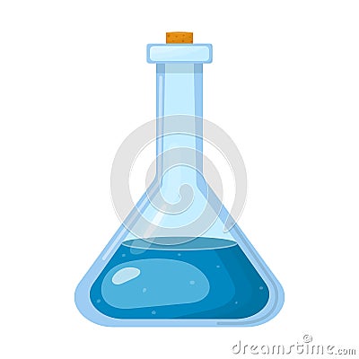 Magic potion in bottle with blue liquid isolated on white background. Chemical or alchemy elixir. Vector illustration for any Vector Illustration