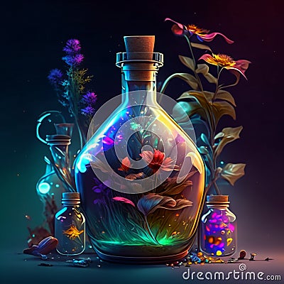 Magic potion bottle with flowers and magic potions. Vector illustration in cartoon style Generative AI Cartoon Illustration