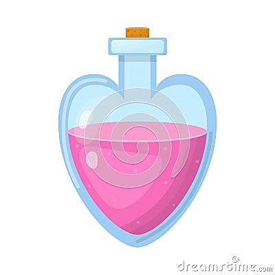 Magic potion in bottle with pink liquid isolated on white background. Chemical or alchemy elixir. Vector illustration for any Vector Illustration