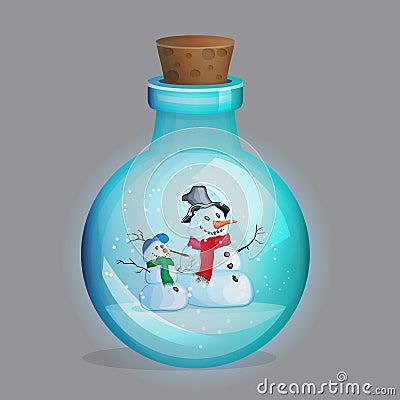 Magic potion bottle with winter decoration inside. Vector Illustration