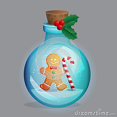 Magic potion bottle with winter decoration inside. Vector Illustration