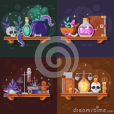 Magic Potion Bottles and Ingredients Flat Collection Vector Illustration