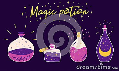 Magic potion bottles Violet bottle jar set with moon, stars, herb inside. Cute kids witchcraft elements Vector Cartoon Illustration