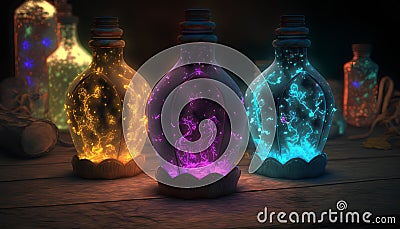 Magic potion bottles on wooden table. Halloween concept. 3D Rendering Stock Photo