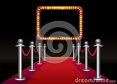 Magic red carpet loop with signboard with light bulbs on black background Vector Illustration