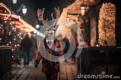 Magic reindeer Santa Claus, dressed in a suit, walks along the street of Christmas town in night snowfall Stock Photo