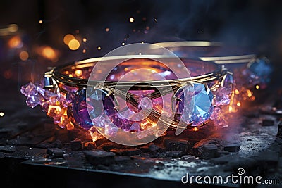 Magic ring made of precious metal with a large gemstone close-up, AI Generated Cartoon Illustration