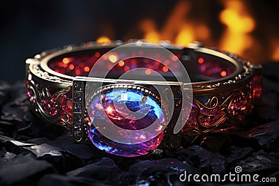 Magic ring made of precious metal with a large gemstone close-up, AI Generated Cartoon Illustration