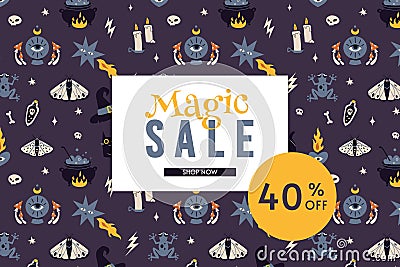 Magic sale 40 p.c. off banner template, cartoon style. Discount promotion layout poster for web or social media Vector Illustration