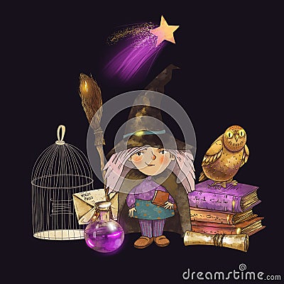 Magic school illustration. Magical greeting card with owl, stars, moon crystals and old spellbook Cartoon Illustration