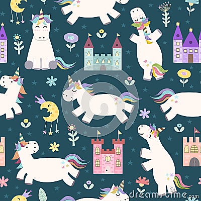 Magic seamless pattern with cute little unicorn and castles Vector Illustration