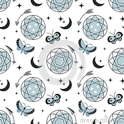 Magic seamless pattern, minerals, crystals, eye, gems, moths, butterflies, moon, stars. Magic fairy tale background Vector Illustration