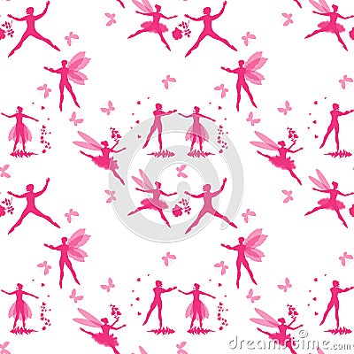 Magic seamless pattern with pink silhouettes of winged dancers, hearts, flowers and butterflies. Fairies and elves dance ballet Vector Illustration