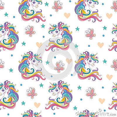 Magic seamless pattern with unicorn, butterflies, stars white vector Vector Illustration