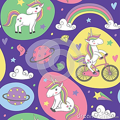 Magic seamless pattern with unicorn Vector Illustration