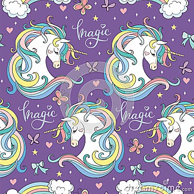 Magic seamless pattern with unicorn, stars, hearts and butterflies Vector Illustration