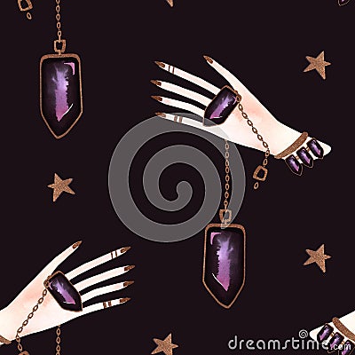Magic seamless pattern. Woman's hand with a crystal on a chain and gold stars. Lithomancy. Mystical divination Stock Photo