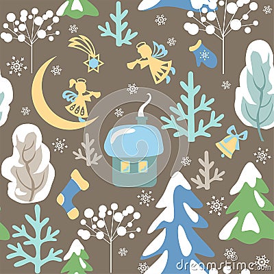 Magic Xmas seamless pattern with winter landscape, snowy firs and trees, little angels, house, crescent and Christmas star Vector Illustration