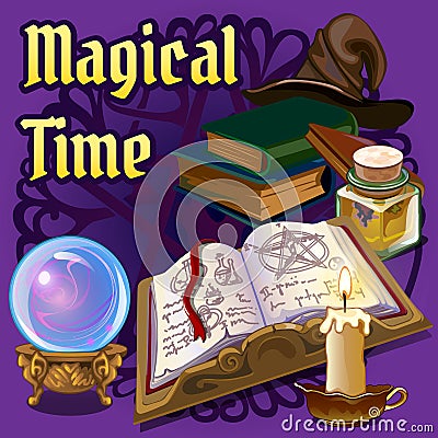 Magic set with old book, candle and other elements Vector Illustration