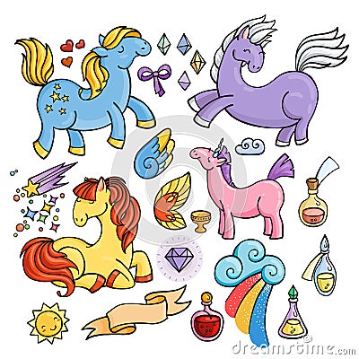 Magic set of unicorns, wings and potions. Vector Illustration