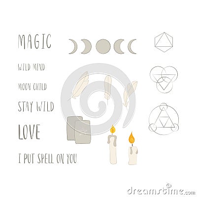 Magic set with words, feather, candle and sacred geometry Vector Illustration