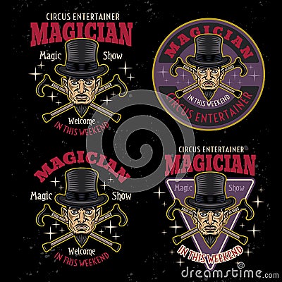 Magic show and illusionists set of vector emblems, logos, badges or labels with magician in cylinder hat and crossed Vector Illustration